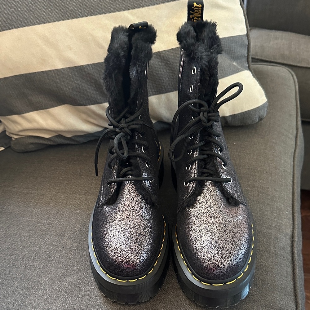 Black Shimmer Dr. Marten Platform Boots (Faux Fur inside)